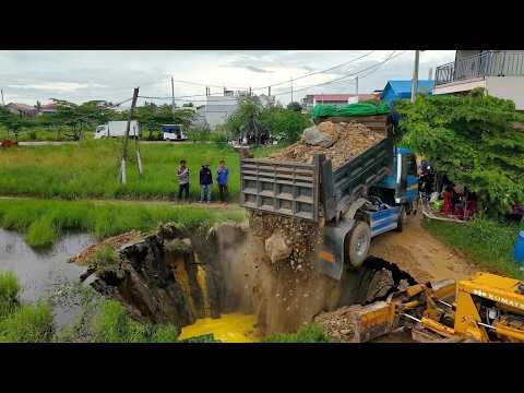 New Project! Flooded Area Using Dozer  Pushing Rock Soil with Truck!!!