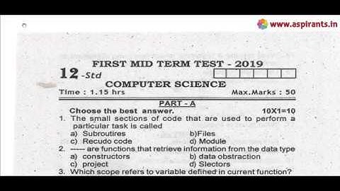 12th Computer Science First Mid Term Question Paper 2019-20 | Cuddalore District | English Medium
