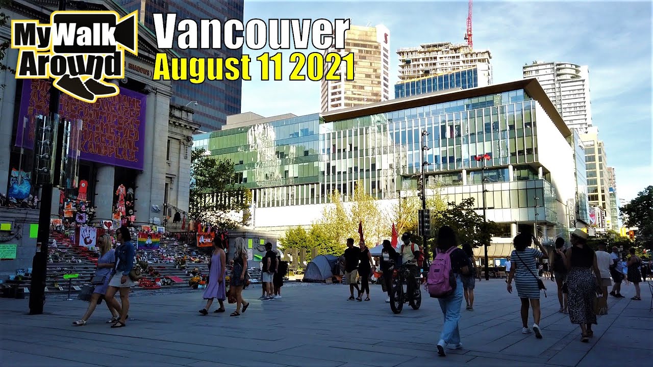 Beautiful & sunny afternoon in downtown Vancouver with people, patios and more! August 11 2021