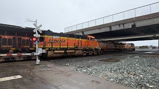 BNSF #7346 lead Stacker train, E Lafayette st Stockton, Meet UP #7860 Lead oil tanker Rainy Day