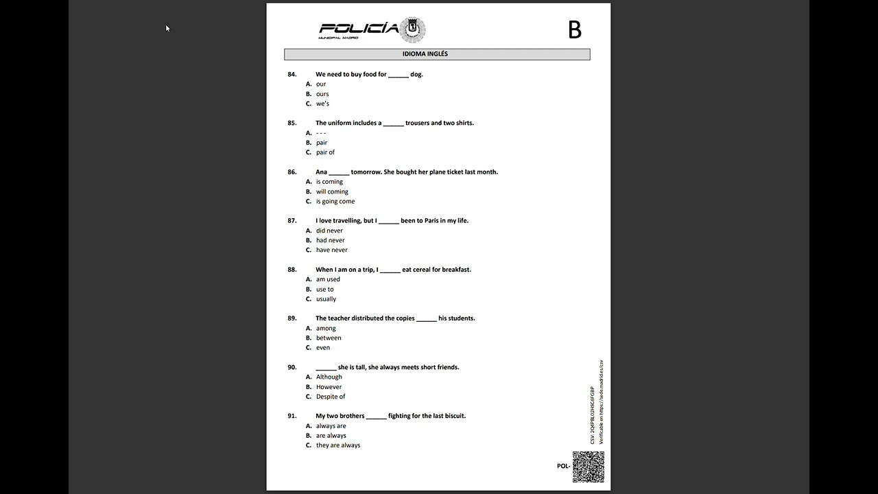 Corrección Examen de Policia Municipal G54 Madrid | Inglés | GOPOL-CPPM