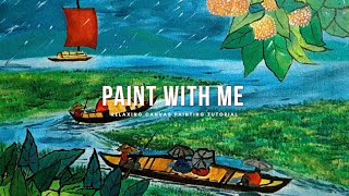 Relaxing canvas painting tutorial with acrylic |Monsoon season village scenery 🌧🛶