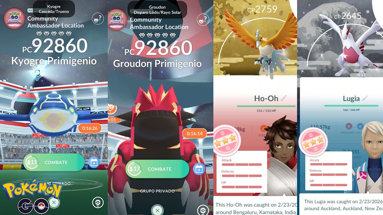 ✨✈️ Raids Lugia y Ho-Oh oscuro Kyogre y Groudon Primigenio + Entrada y Pase GO Tour Kalos Pokémon GO