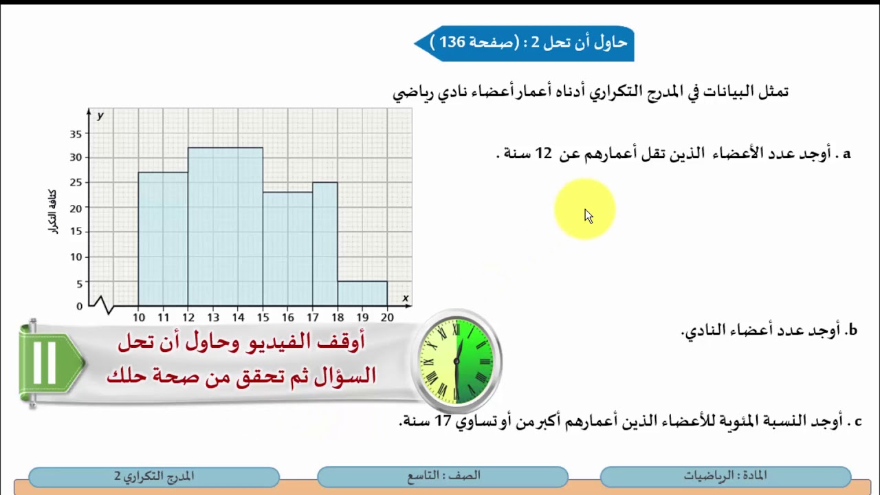 الصف التاسع   الرياضيات   المدرج التكراري 2