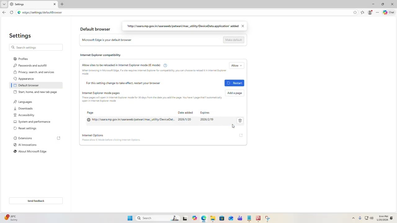 NIC Betul created supporting video for  Patwari MDM software Setting in Microsoft Edge