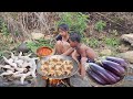 Chicken wings Chili sauce cooking with Eggplant for dinner - Survival cooking in forest