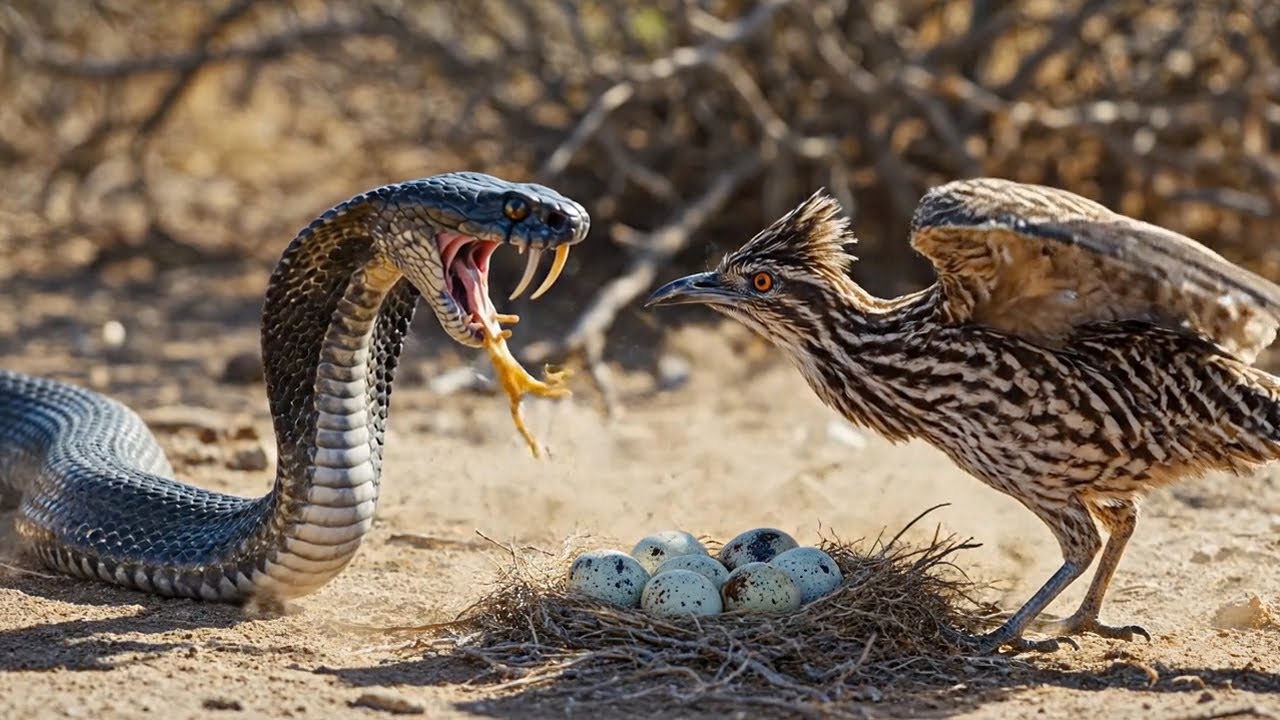 Epic Showdown! A King Cobra vs Roadrunner Protecting Her Eggs in the Wild.