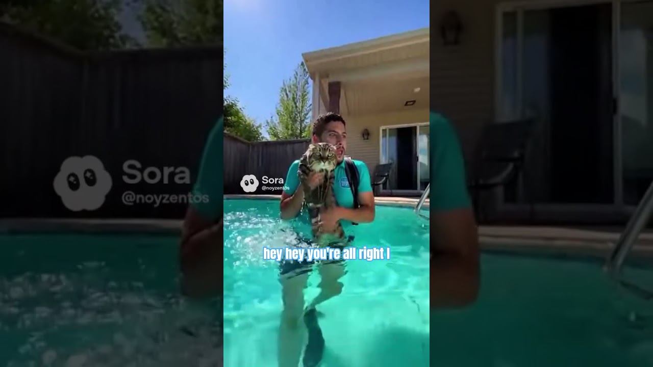 Delivery guy saves cat from drowning in a pool 