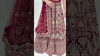 Ruby Red Velvet Ornate Embroidery Bridal Lehenga Set with matching Net Dupatta | KAMBW6