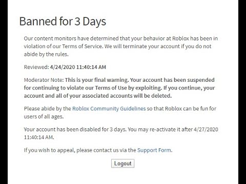 Roblox Ban Note 2020