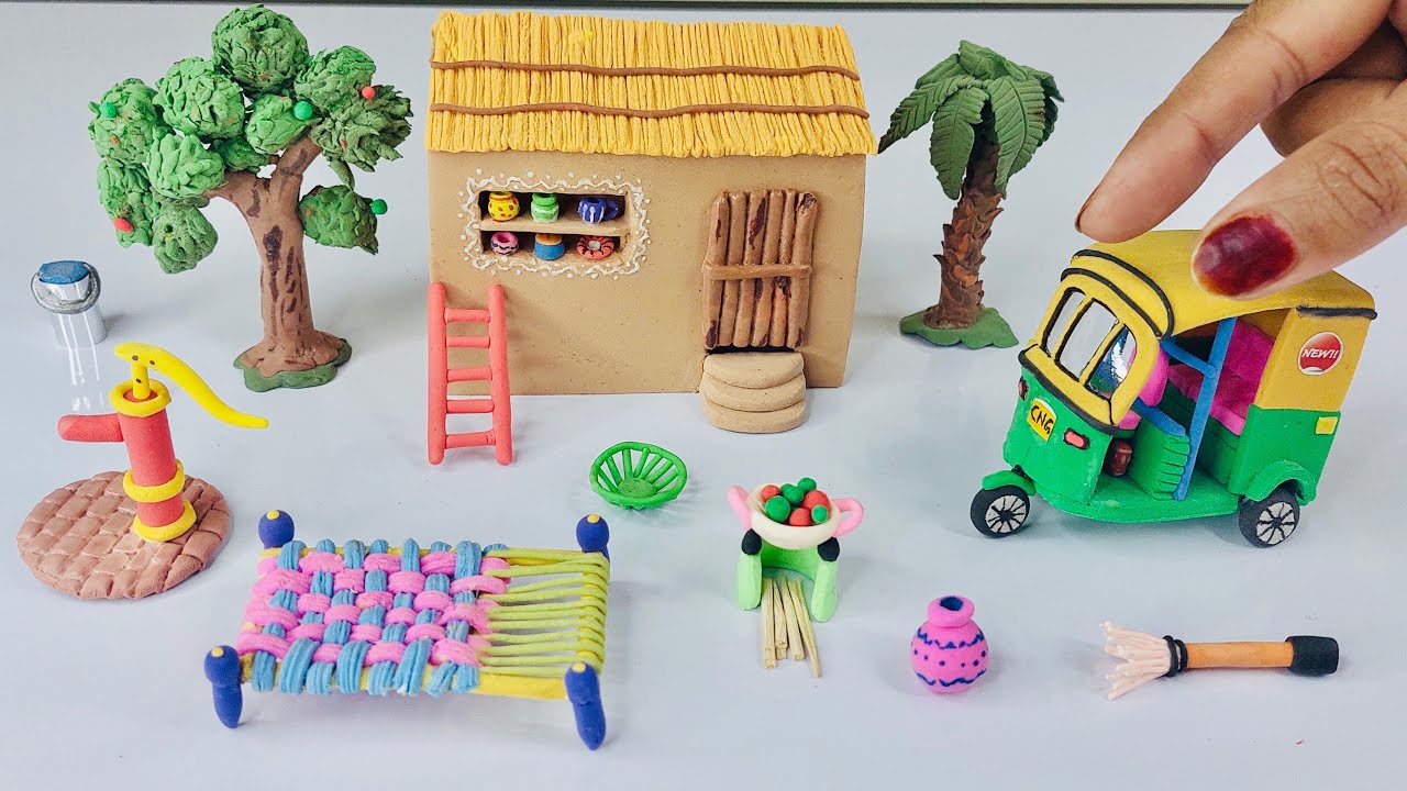 DIY How to make polymer clay miniature house, Riksha, Kitchine, Charpai , tree | Village House