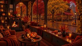 Cozy Halloween Street Coffee Shop Jazz | Soft Window Rain & Fireplace Glow for Study, Sleep & Relax screenshot 5