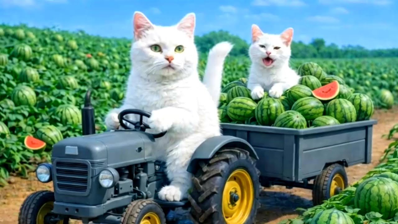Cute Baby Cats Driving Tractor with Watermelons 🍉🐱 | Funny White Cats Farm Adventure 2026