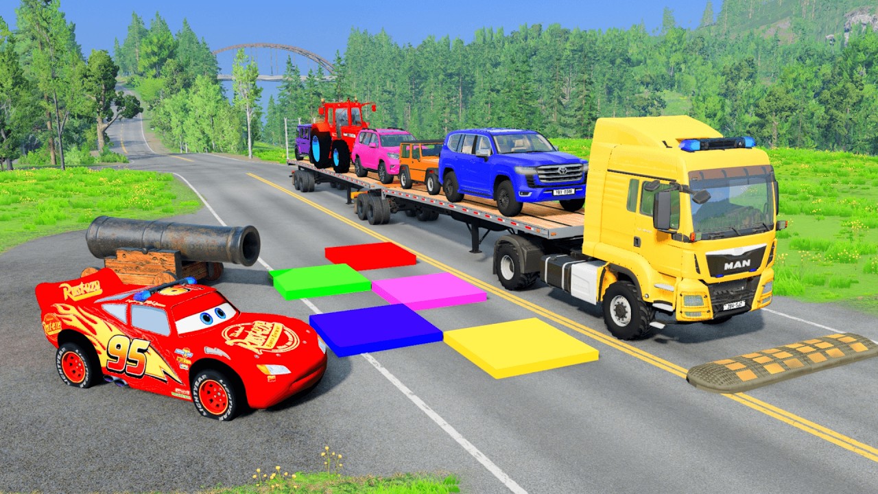 Flatbed Trailer McQueen Transportation with Truck - Speedbumps vs Car vs Train - BeamNG.drive #60