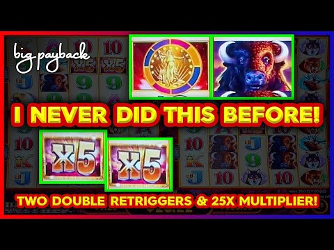 TWO DOUBLE RETRIGGERS & 25X MULTIPLIER on Aristocrat Legends Deluxe Buffalo Slots!