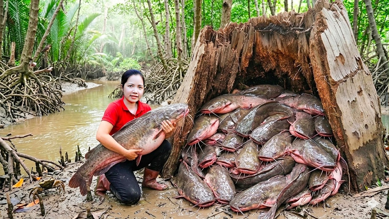 Harvesting Catfish Giant In Wild Mud Pond Goes To Market Sell | Linh -Free Bushcraft, How trap fish