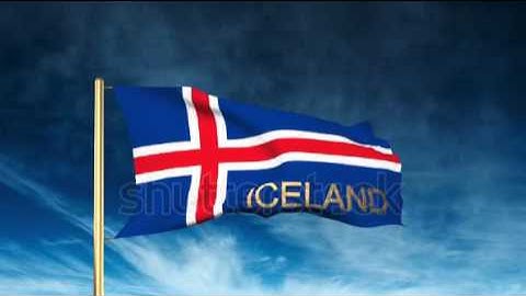 Iceland flag slider style with title. Waving in the wind with cloud background animation Stock