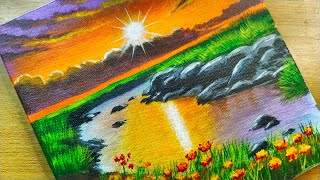 How to paint a sunset with acrylic/sunset Lake painting/acrylic painting for beginners