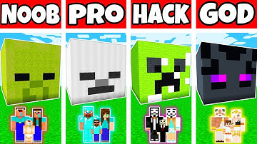 Minecraft: FAMILY MONSTER MUTANT HEAD BLOCK HOUSE BUILD CHALLENGE - NOOB vs PRO vs HACKER vs GOD