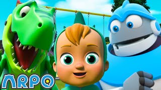 arpo saves baby daniel from a huge t rex 1 hour of arpo funny robot cartoons for kids