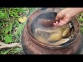 Survival skills:take four chicken    by hand  - burn with banana flower eating delicious #35