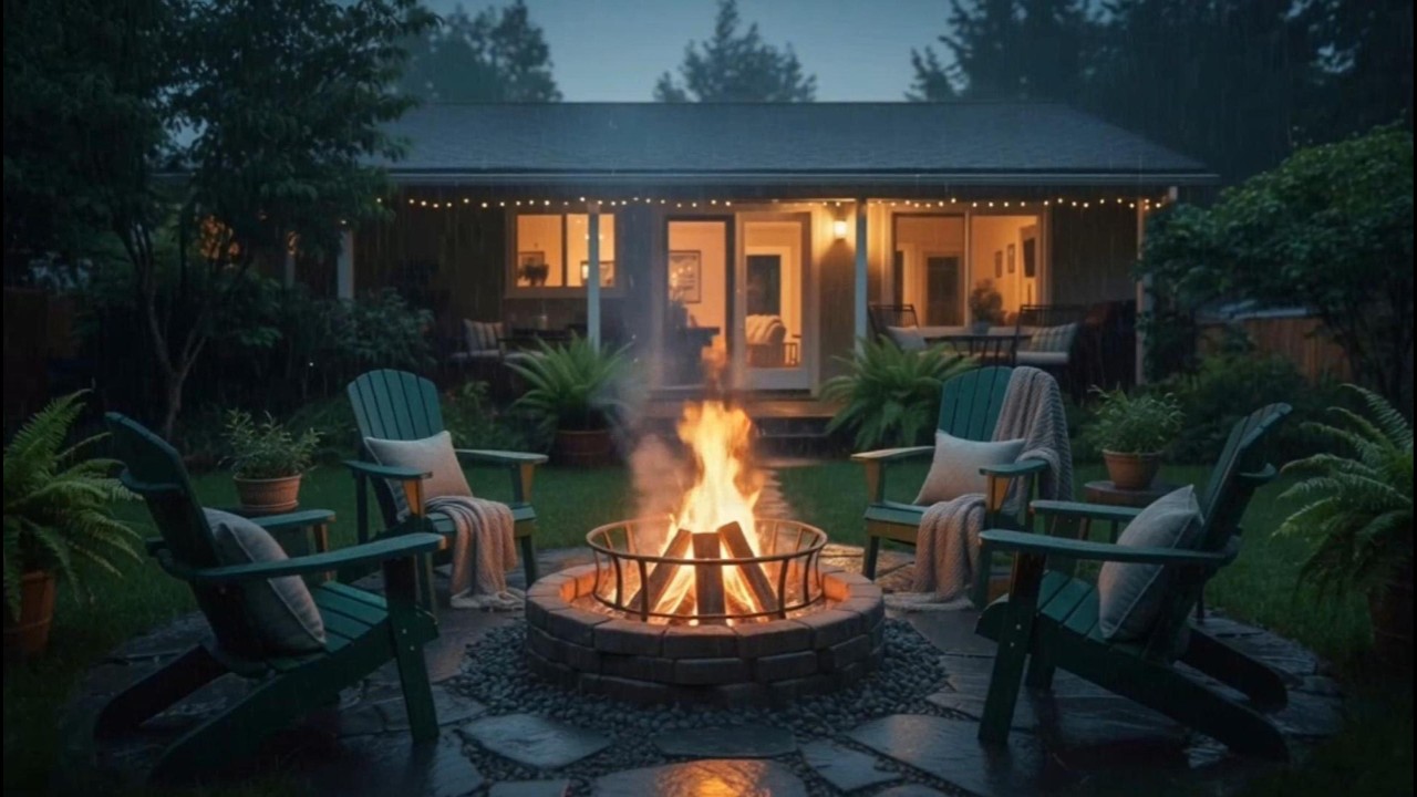 Rainy Night Fire Pit Ambience 🌧🔥 Cozy Backyard Rain & Fire Sounds (4K)
