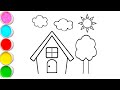 HOW TO DRAW A HOUSE | House Drawing Tutorial | House drawing for beginners | house with sun & tree