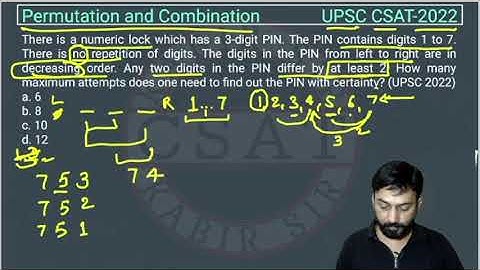2022 Permutation and Combination csat pyq, There is a numeric lock which has a 3-digit PIN