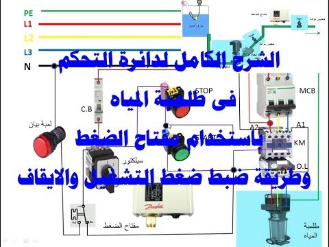 دائرة التحكم فى تشغيل طلمبة المياه باستخدام مفتاح الضغط مع ضبط ضغط التشغيل والإيقاف
