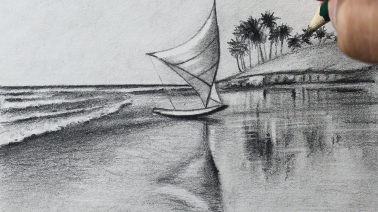 Como desenhar uma Paisagem de praia com barco a vela - PASSO A PASSO - narrado