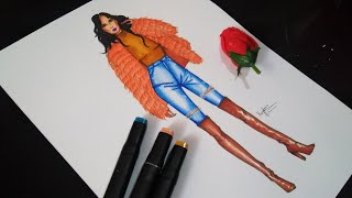 Fashion drawing /تعلم رسم جاكيط ريش مع سروال جينز خطوة بخطوة