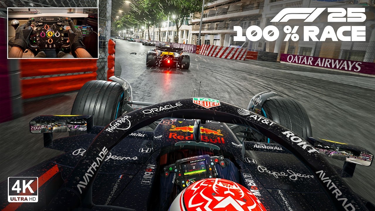 F1 25 Monaco Heavy Rain at Night - Max Verstappen's Red Bull RB21 100% Race Steering Wheel Gameplay