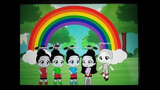 Thomas and his friends standing in front of the rainbow 🌈