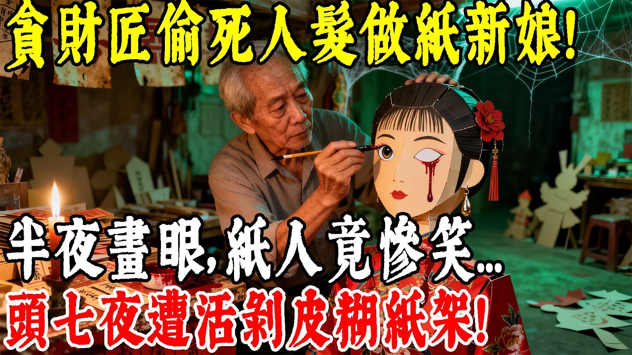 貪財紙紮匠偷用「死人頭髮」做冥婚新娘！半夜不信邪點上眼睛，紙人竟咧嘴慘笑…頭七當晚，徒弟驚見師傅被「活剝人皮」糊在竹架上！#情感#民間故事#真實故事#中老年生活 #台灣