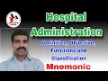 Hospital administration  definition objectives functions and classification with mnemonic