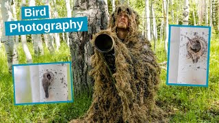 Bird Photography in the Forest. Using camouflage \& a ghillie suit to photograph a Woodpecker nest