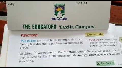 Class 7th A,,Subject: computerChapter 1 : Calculations in MS Excel,,Topic: Functions