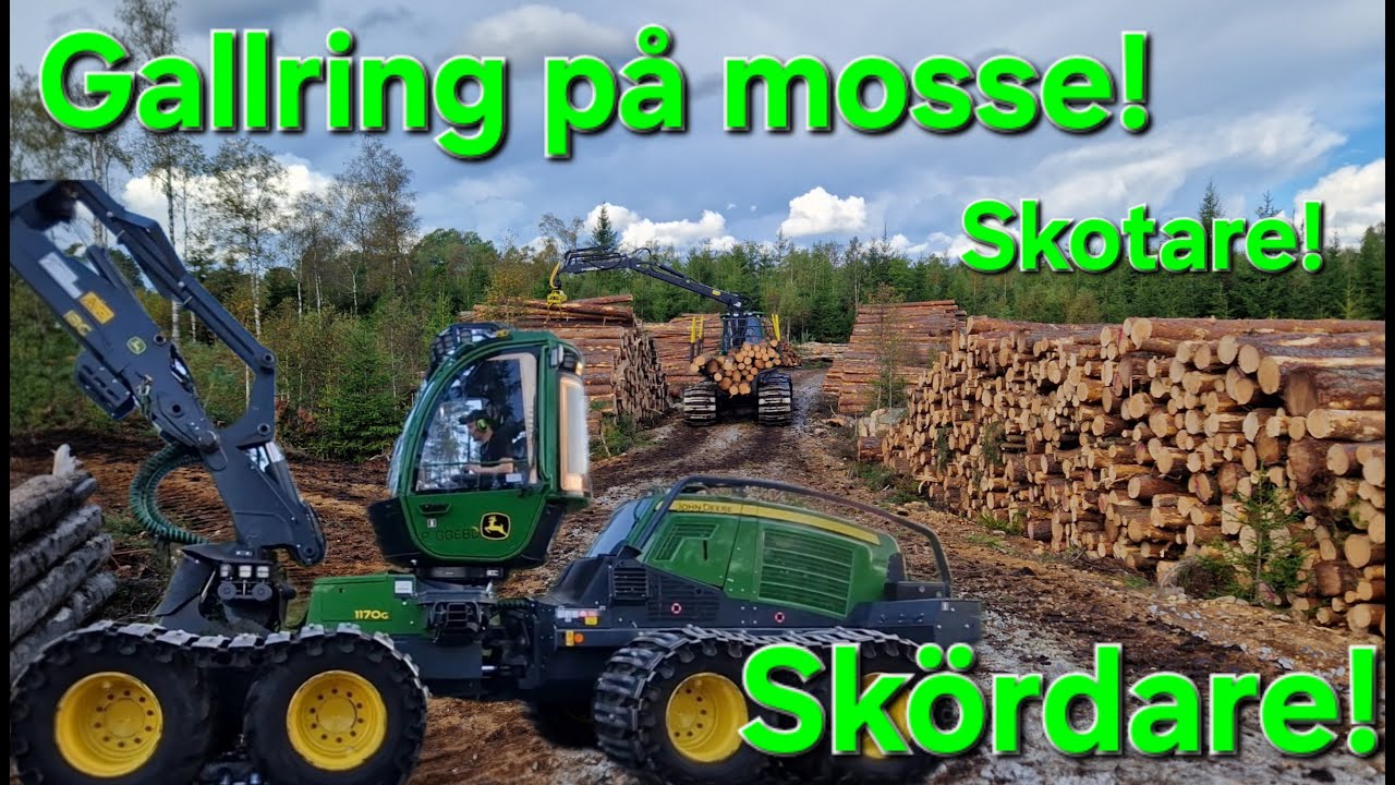 Huggning i blöt mosse. Skördare och skotare. John Deere