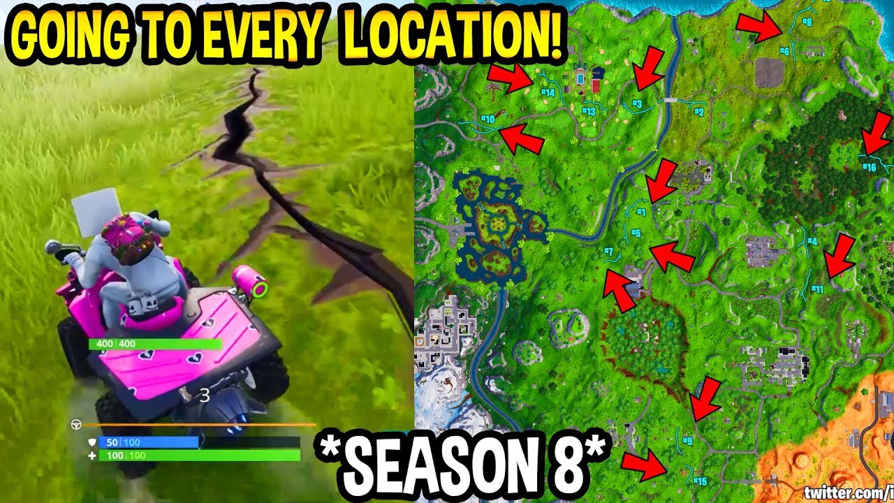 Going To All 16 Cracks By Earthquake Season 8 Map Changes Fortnite - 