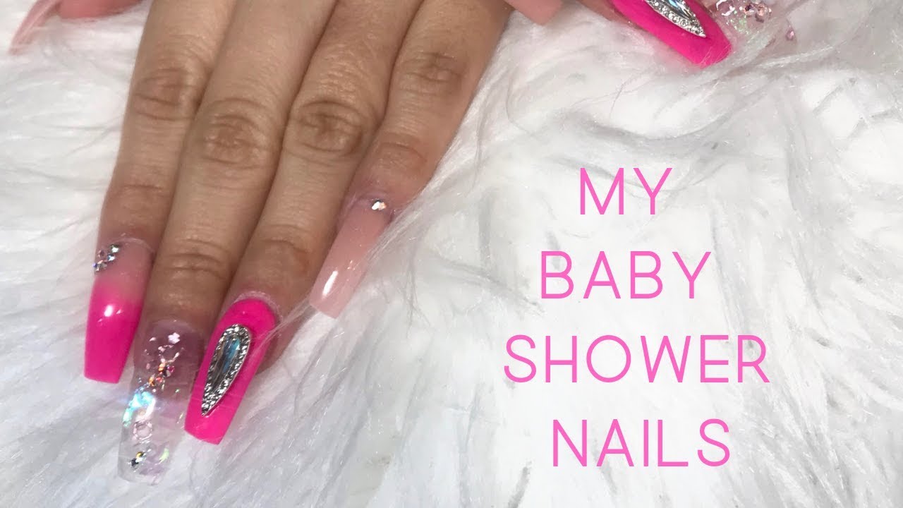 Doing My Baby Shower Nails Pink Nails Youtube Baby pink short false nails tips light pink with shimmer glitter full cover artificial fake nail for home office faux ongles.