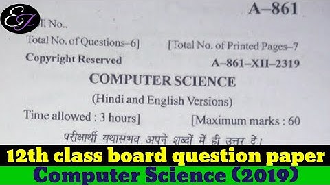 12th Class (Computer Science ) Board Question Paper (2019)👩‍🎓