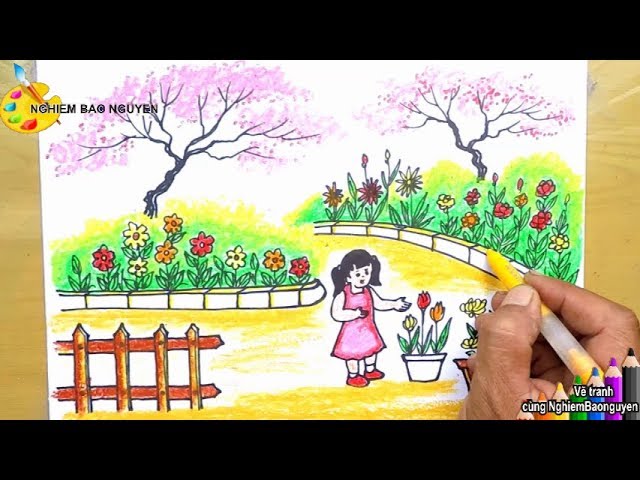 Tự tay vẽ vẽ tranh vườn hoa trường em với nhiều màu sắc và hình dạng