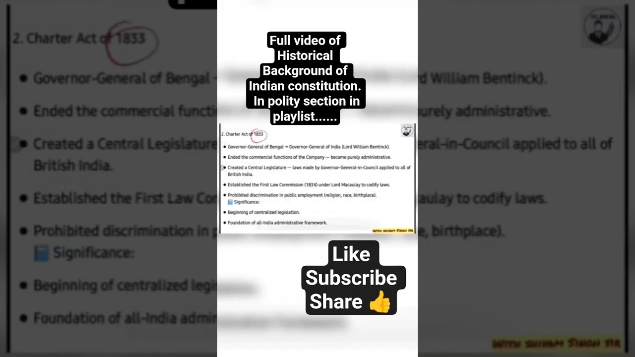 Charter Act of 1833. Historical background of Indian constitution. 