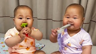 Cute Twin Brothers Momentthe Twins Are Eating What They Like Very Harmoniously