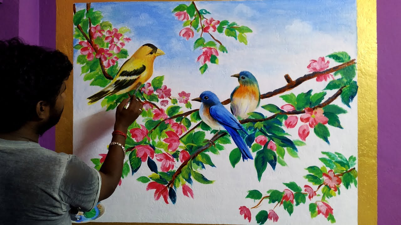 easy wall painting with acrylic color,how to draw flowers and bird ...