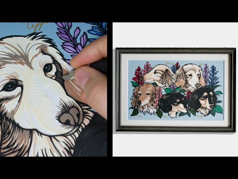 アメリカンヴィンテージ　Ruth Lais 3色柄　ダックスフンド　アクリル絵画 アメリカンヴィンテージ Ruth Lais 3色柄 ダックスフンド