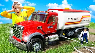 Toy cars for children. The BRUDER fuel truck came to the aid of a concrete mixer screenshot 4