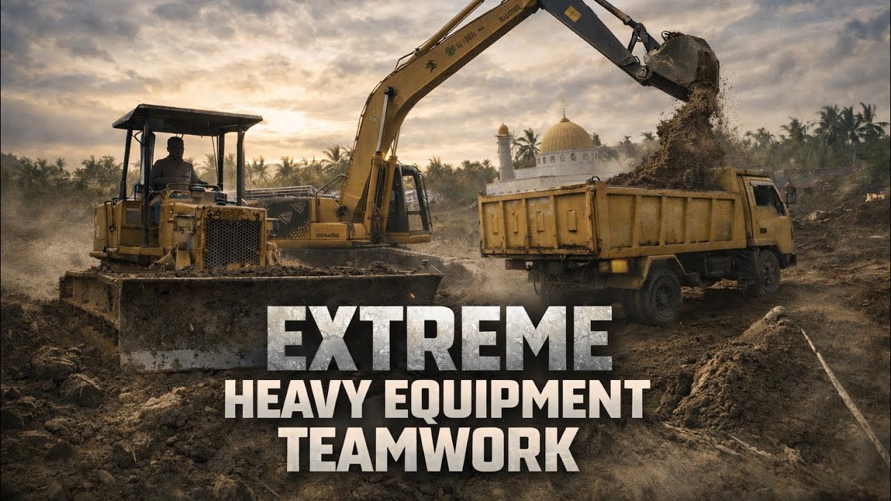 Extreme Heavy Equipment Teamwork — Excavator, Dump Truck, and Bulldozer Clearing Mud After the Flood