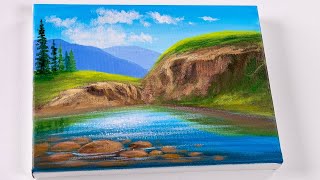 Mountain lake painting | Acrylic landscape painting easy for beginner