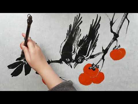 Как рисовать урок Хурма и Сороки How to draw Persimmons and Magpies tutorial 감과 까치 그리는 방법